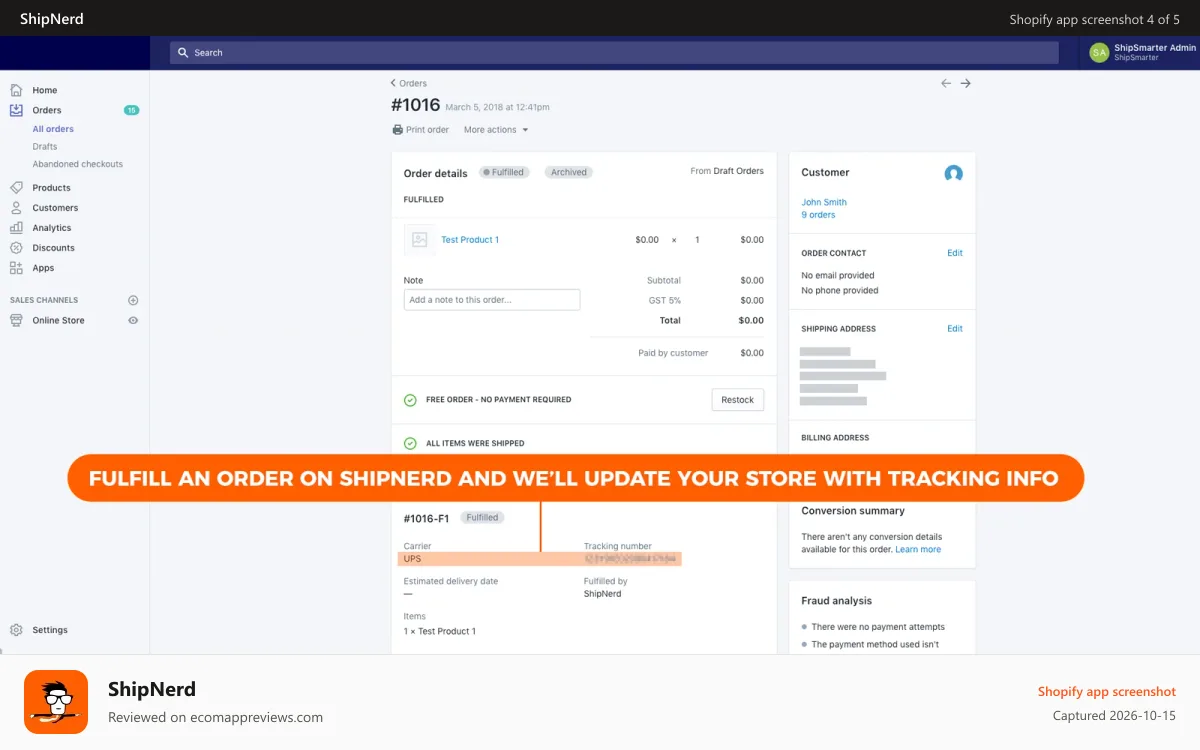 ShipNerd Shopify app screenshot: Your store updated with tracking info
