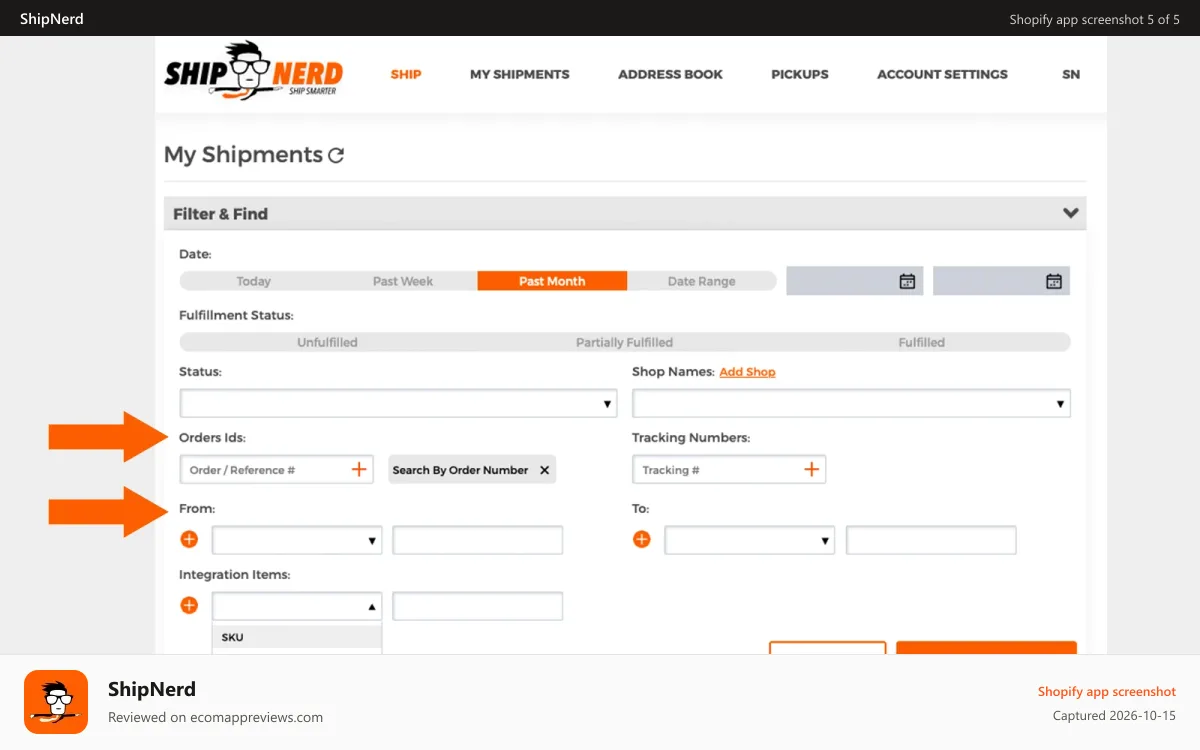 ShipNerd Shopify app screenshot: Search orders by Order number, products, and SKUs