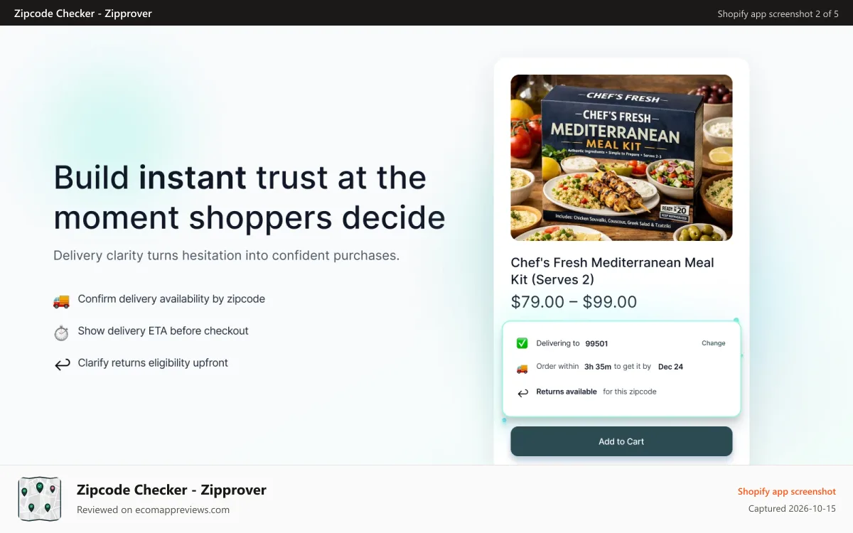 Zipcode Checker ‑ Zipprover Shopify app screenshot: Build trust at decision moment