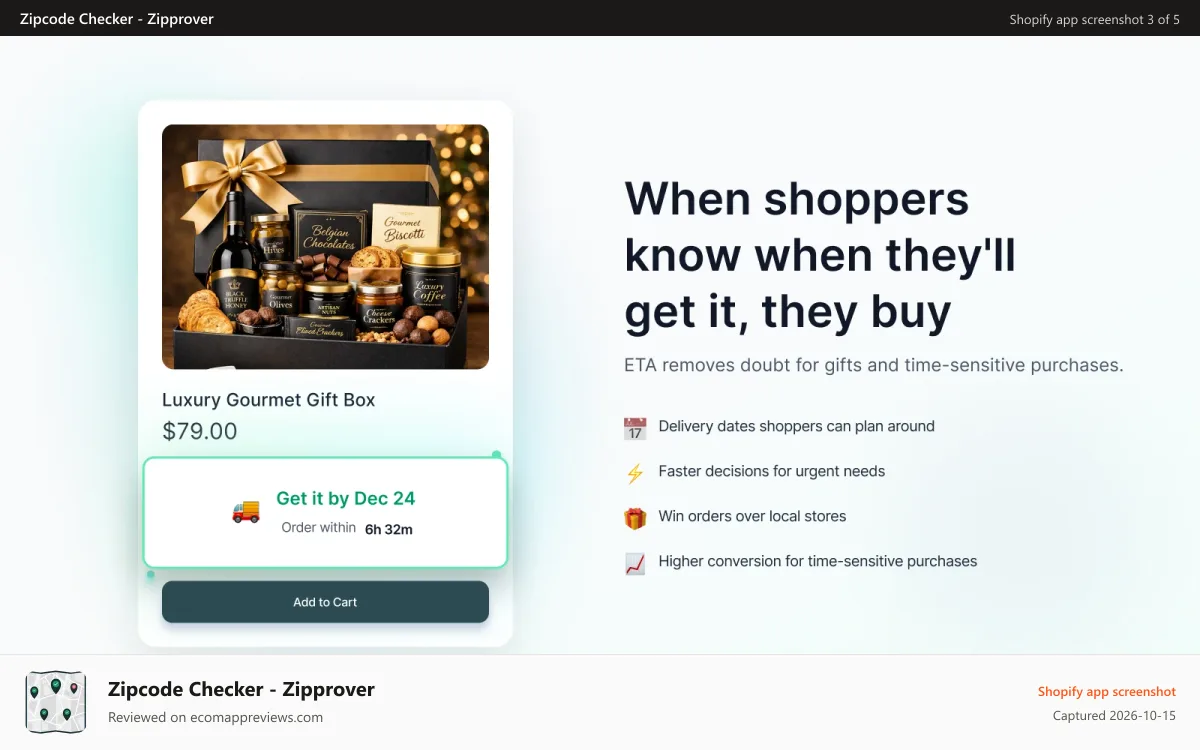 Zipcode Checker ‑ Zipprover Shopify app screenshot: Estimated Time of arrival
