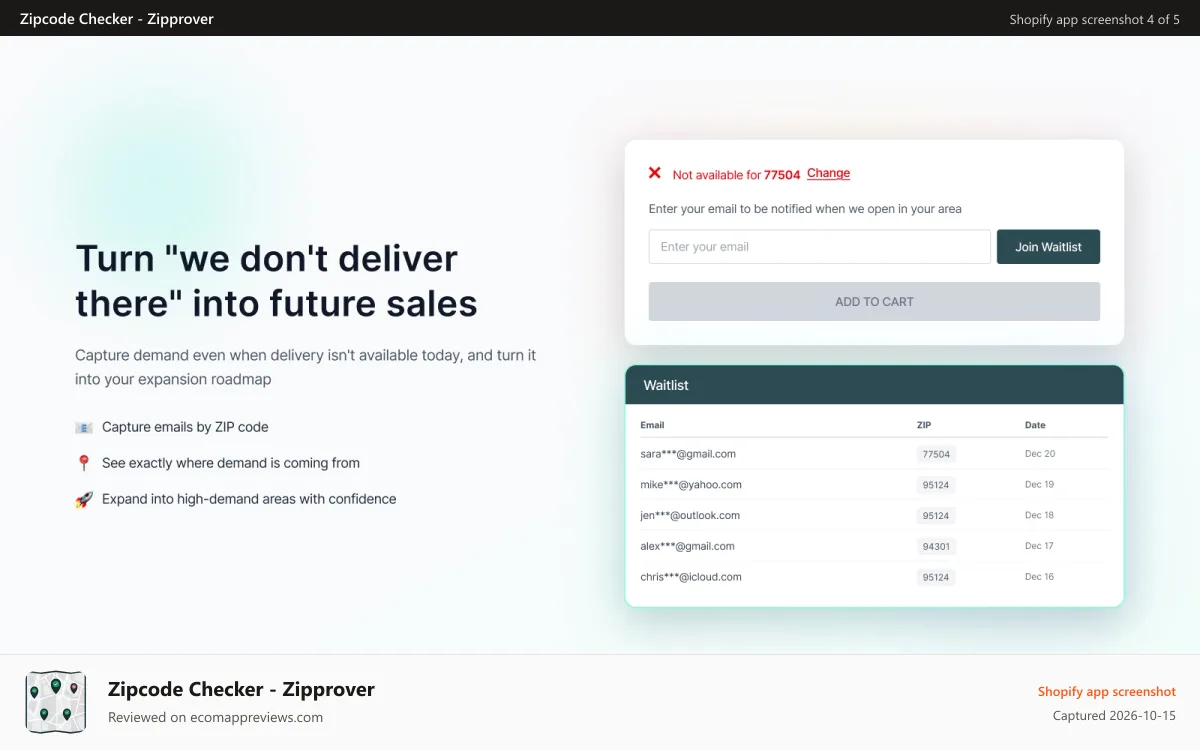 Zipcode Checker ‑ Zipprover Shopify app screenshot: Waitlist - Hidden Revenue