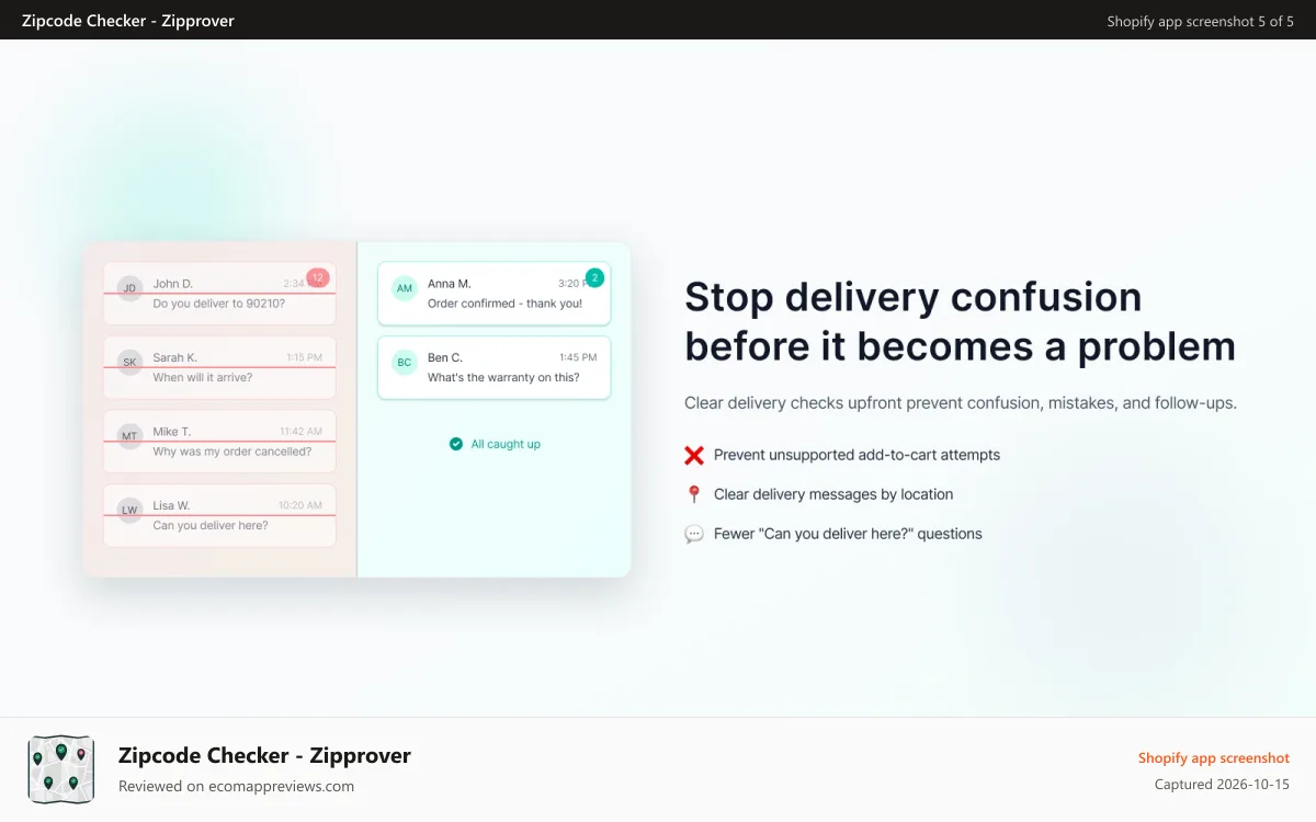 Zipcode Checker ‑ Zipprover Shopify app screenshot: Support & Ops Relief