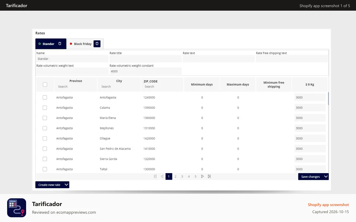 Tarificador Shopify app screenshot: Rates configuration
