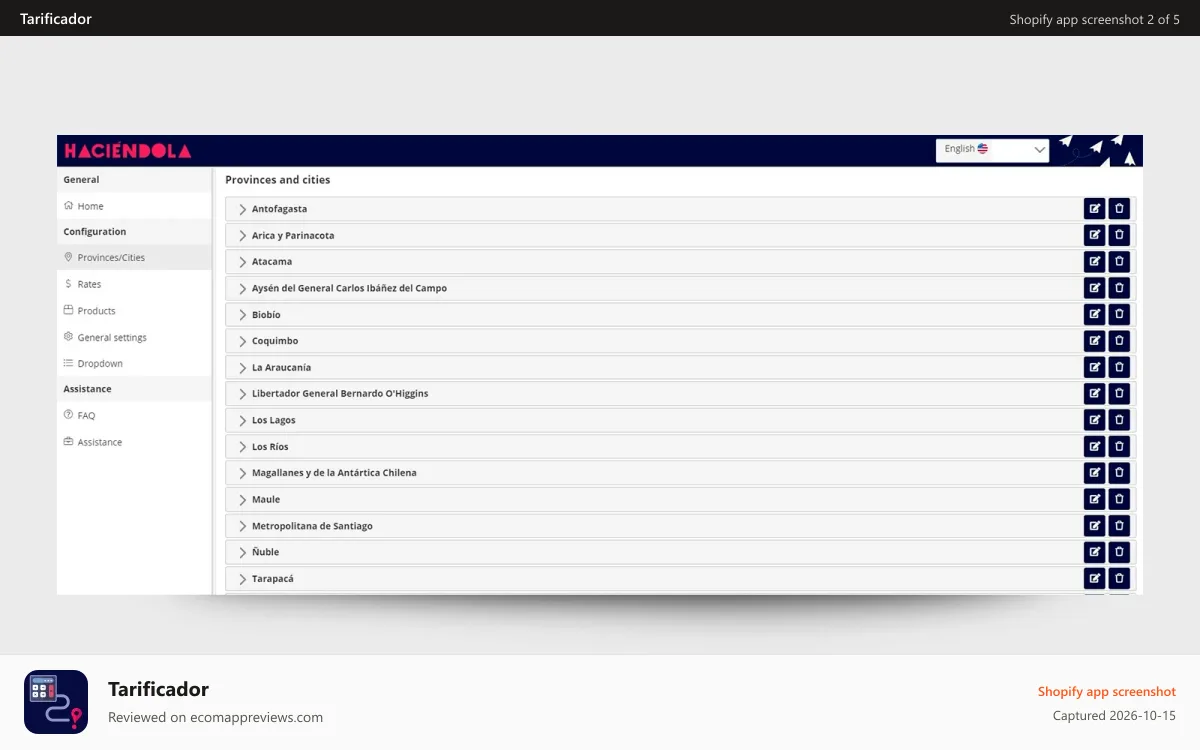 Tarificador Shopify app screenshot: Provinces configuration
