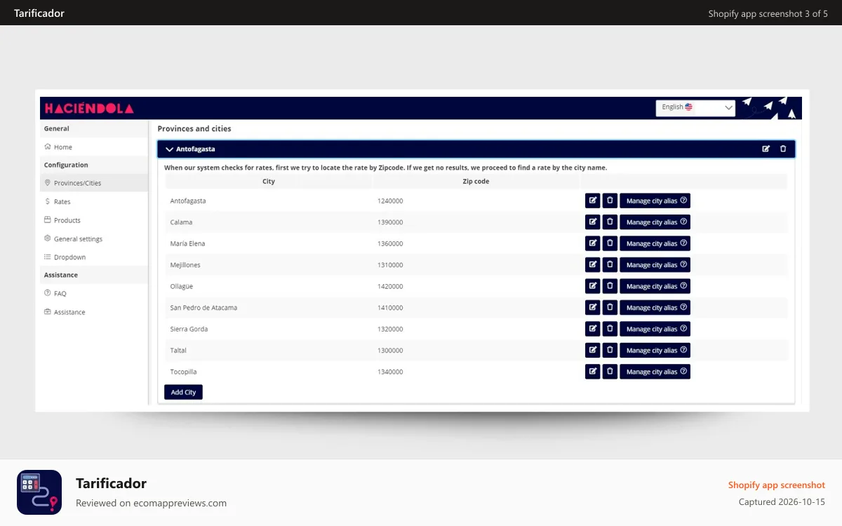 Tarificador Shopify app screenshot: Cities configuration