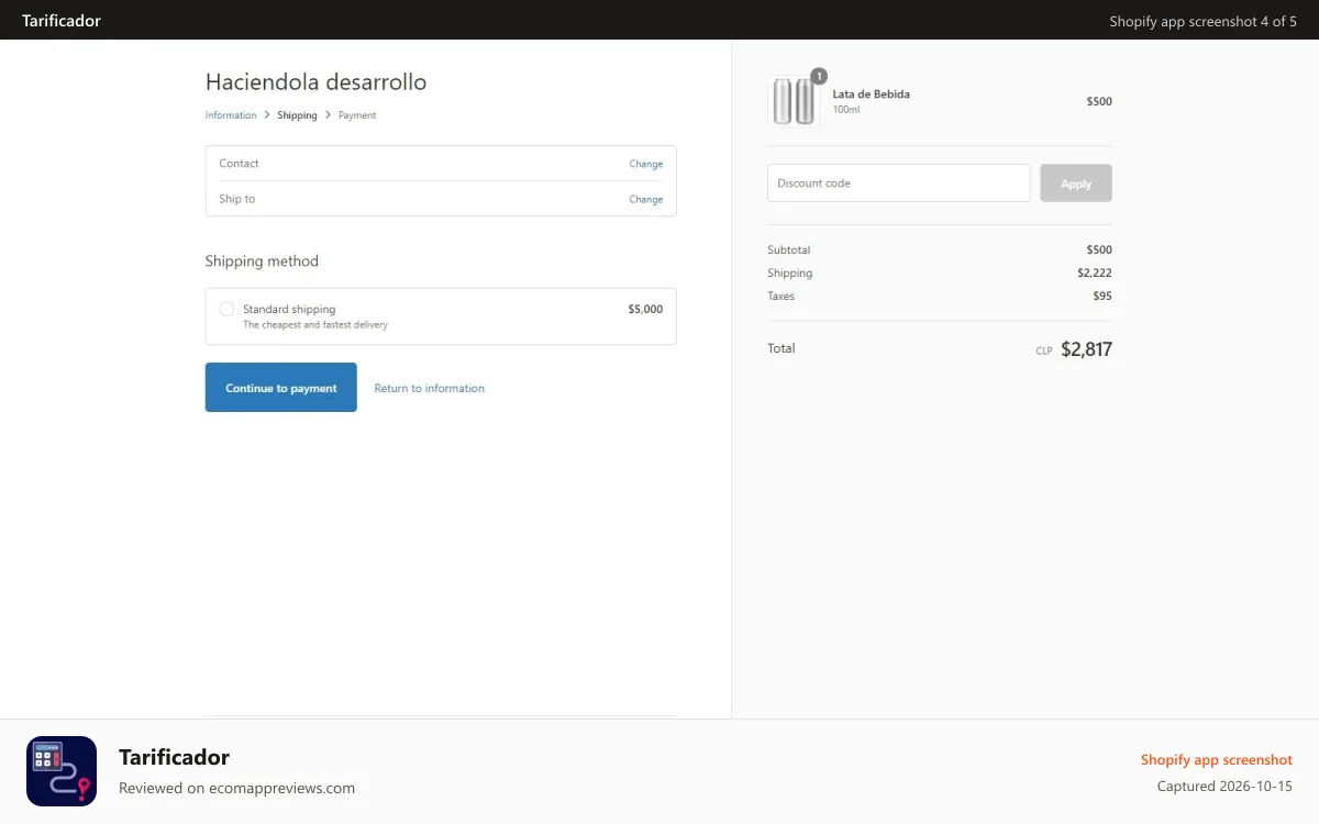 Tarificador Shopify app screenshot: Calculated rate on checkout