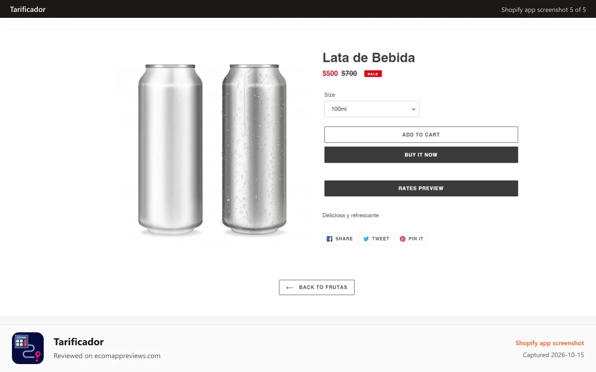 Tarificador Shopify app screenshot: Product page with snippet included