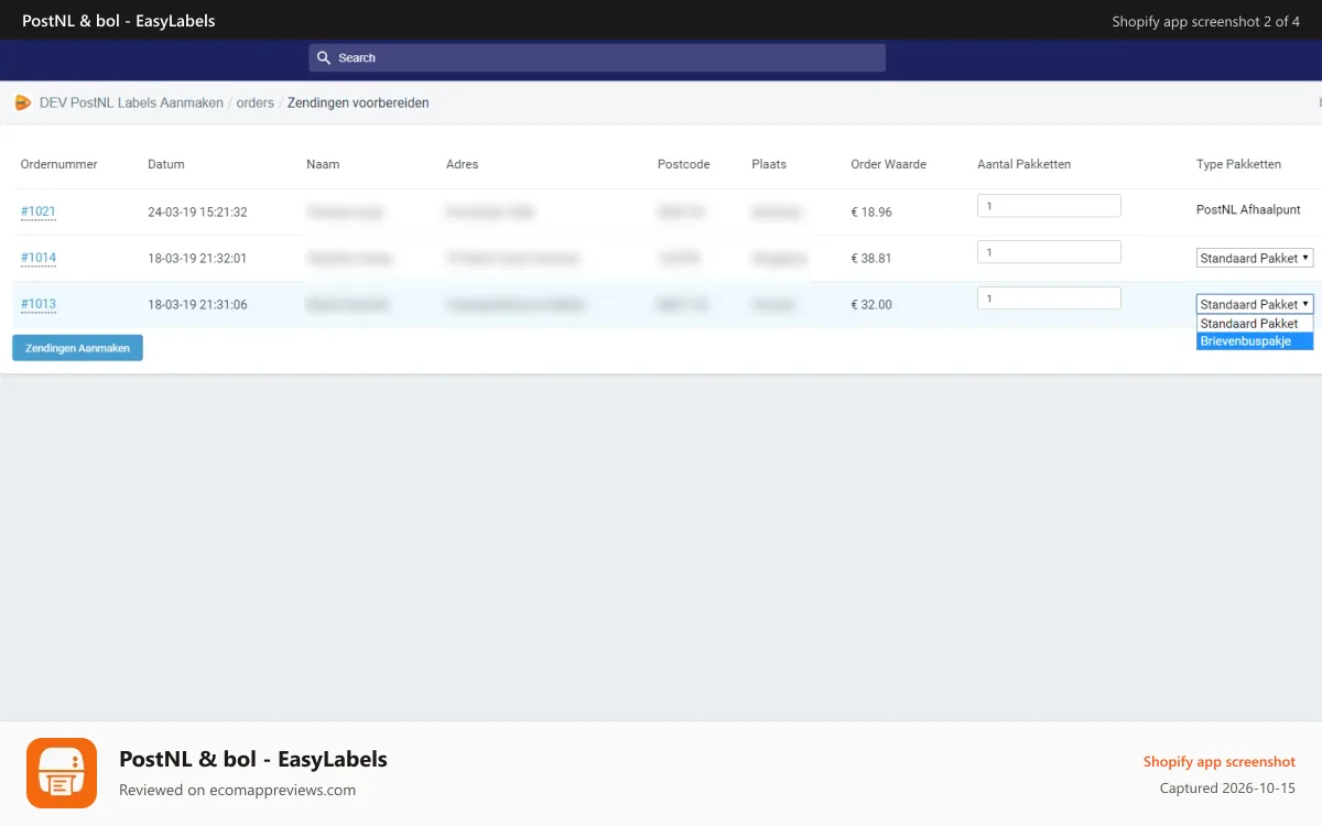 PostNL & bol ‑ EasyLabels Shopify app screenshot: Prepare Shipments