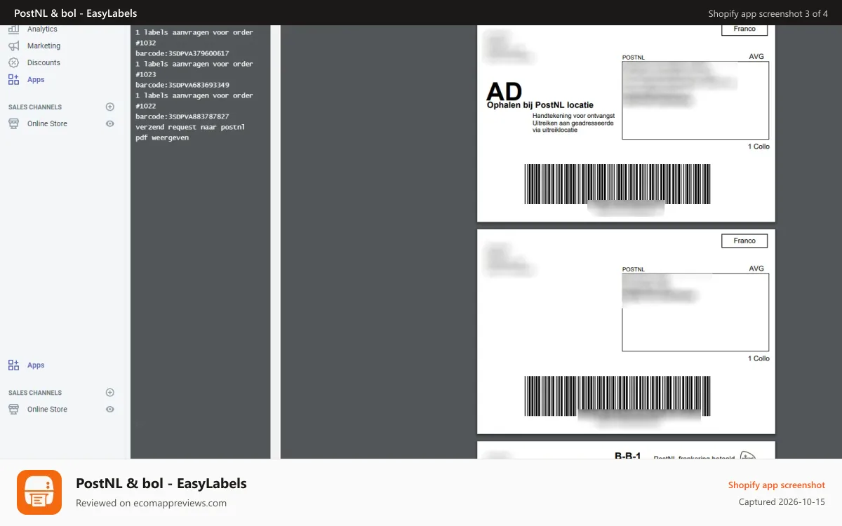 PostNL & bol ‑ EasyLabels Shopify app screenshot: Create Labels