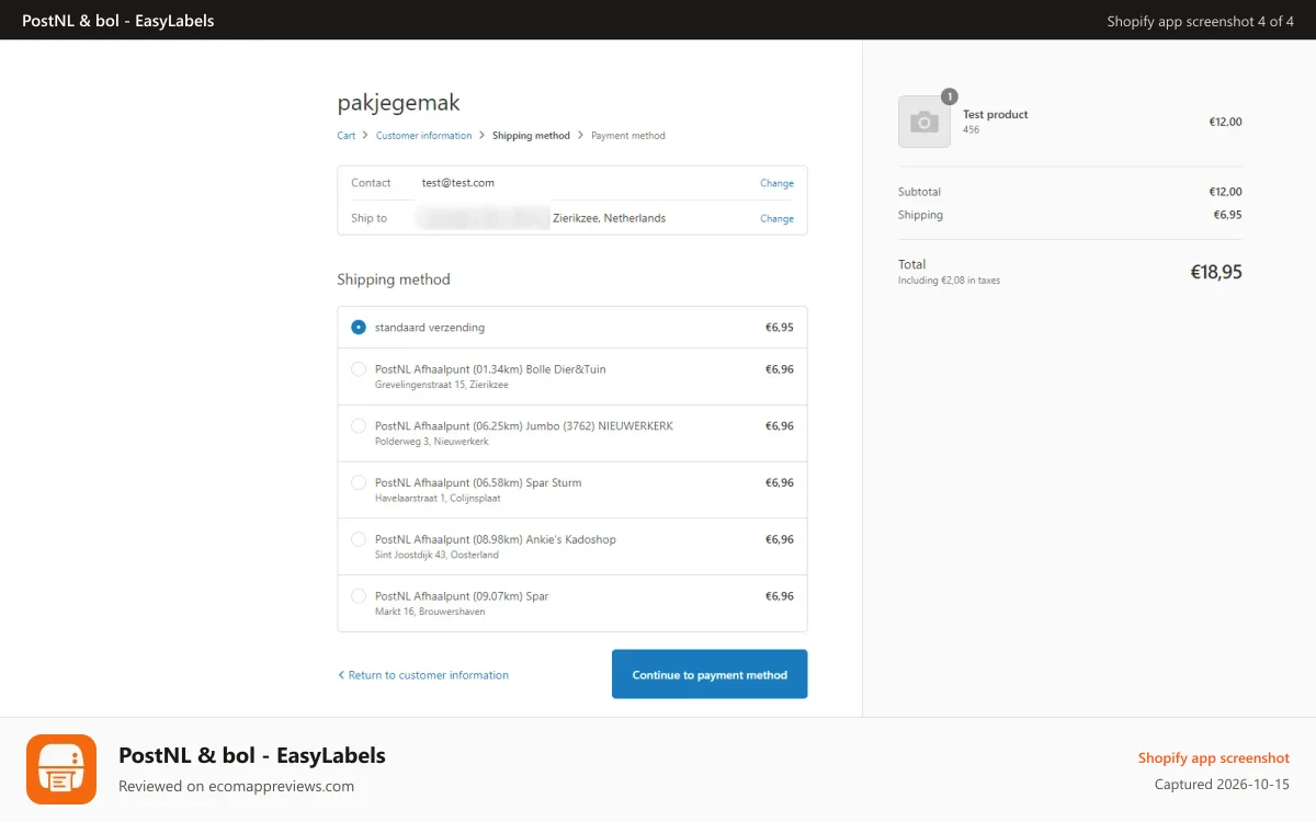 PostNL & bol ‑ EasyLabels Shopify app screenshot: Pickup Points