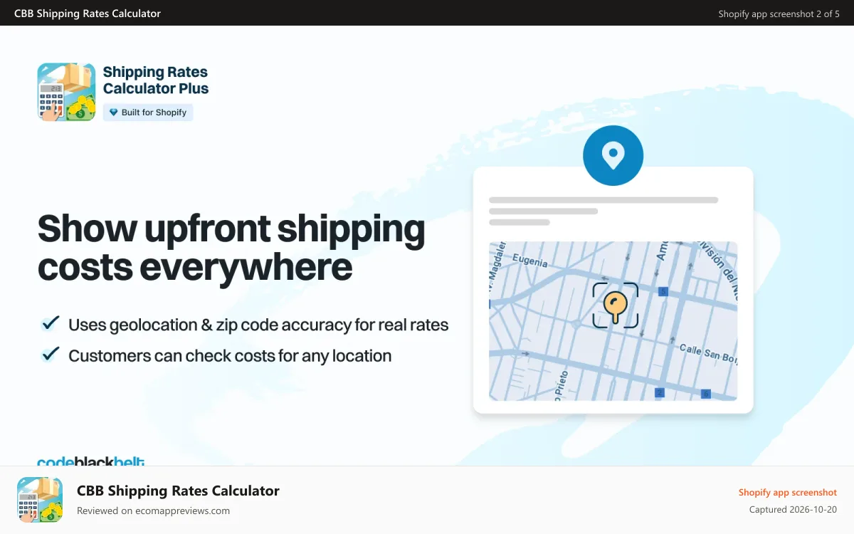 CBB Shipping Rates Calculator Shopify app screenshot: Show upfront shipping costs everywhere