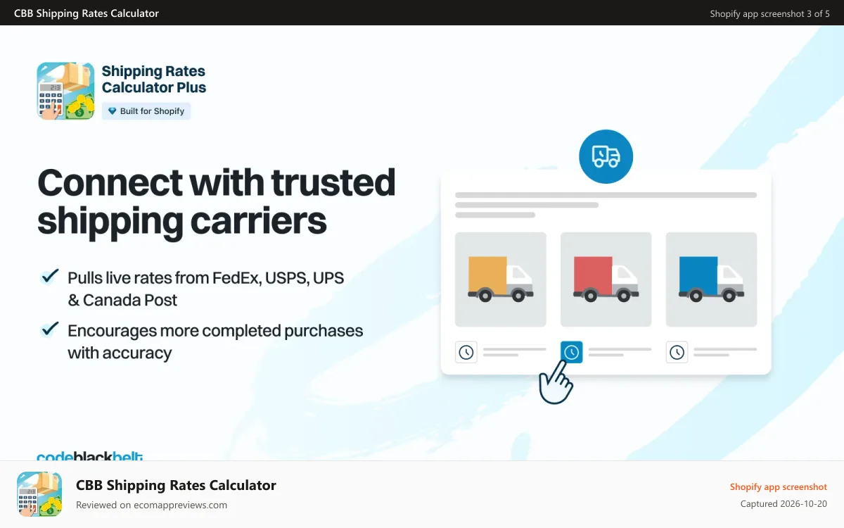 CBB Shipping Rates Calculator Shopify app screenshot: Connect with trusted shipping carriers