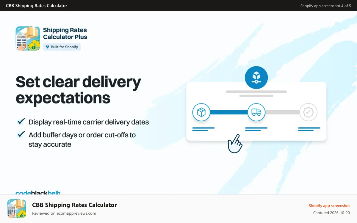 CBB Shipping Rates Calculator Shopify app screenshot: Set clear delivery expectations