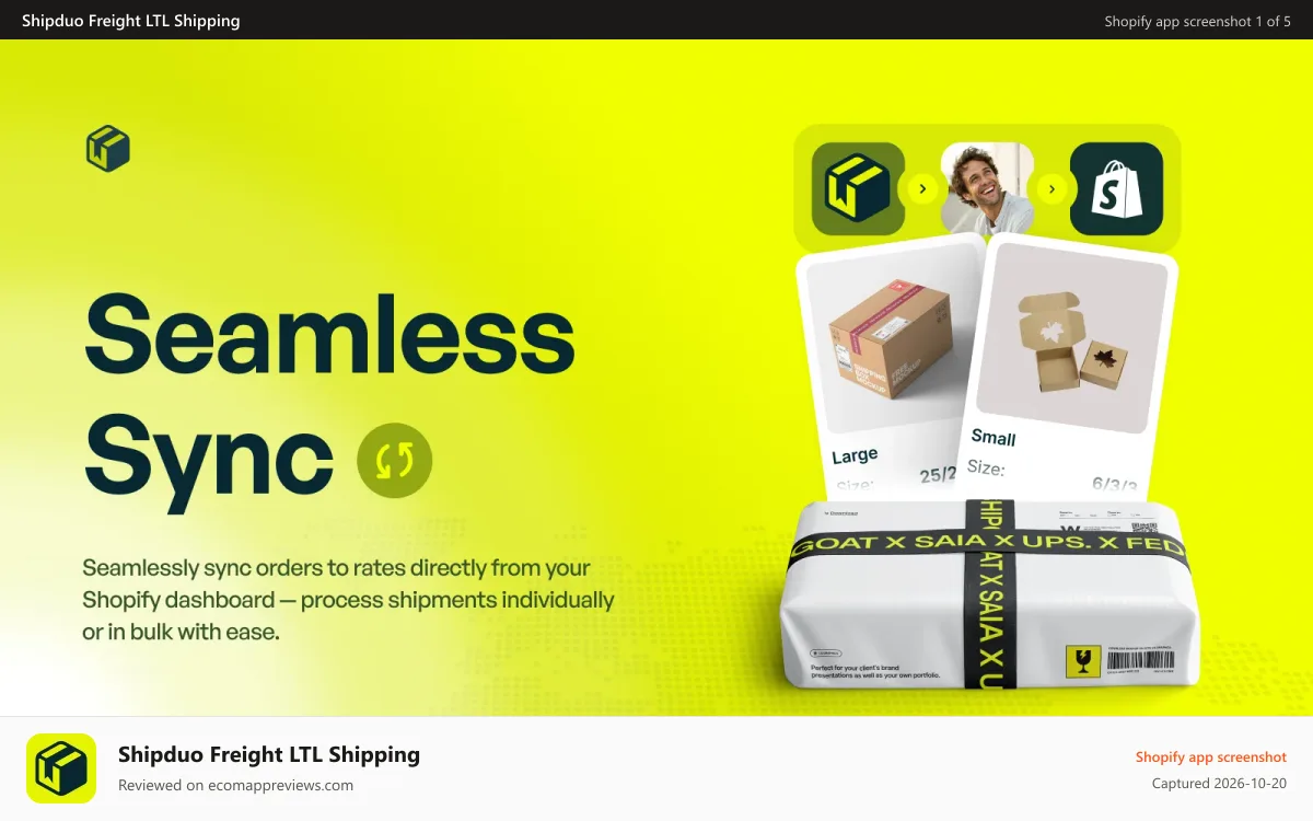 Shipduo Freight LTL Shipping Shopify app screenshot: Compare carriers, print labels, and get discounted rates