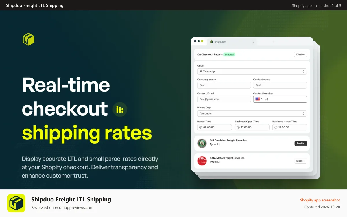 Shipduo Freight LTL Shipping Shopify app screenshot: Display accurate LTL and small parcel rates directly