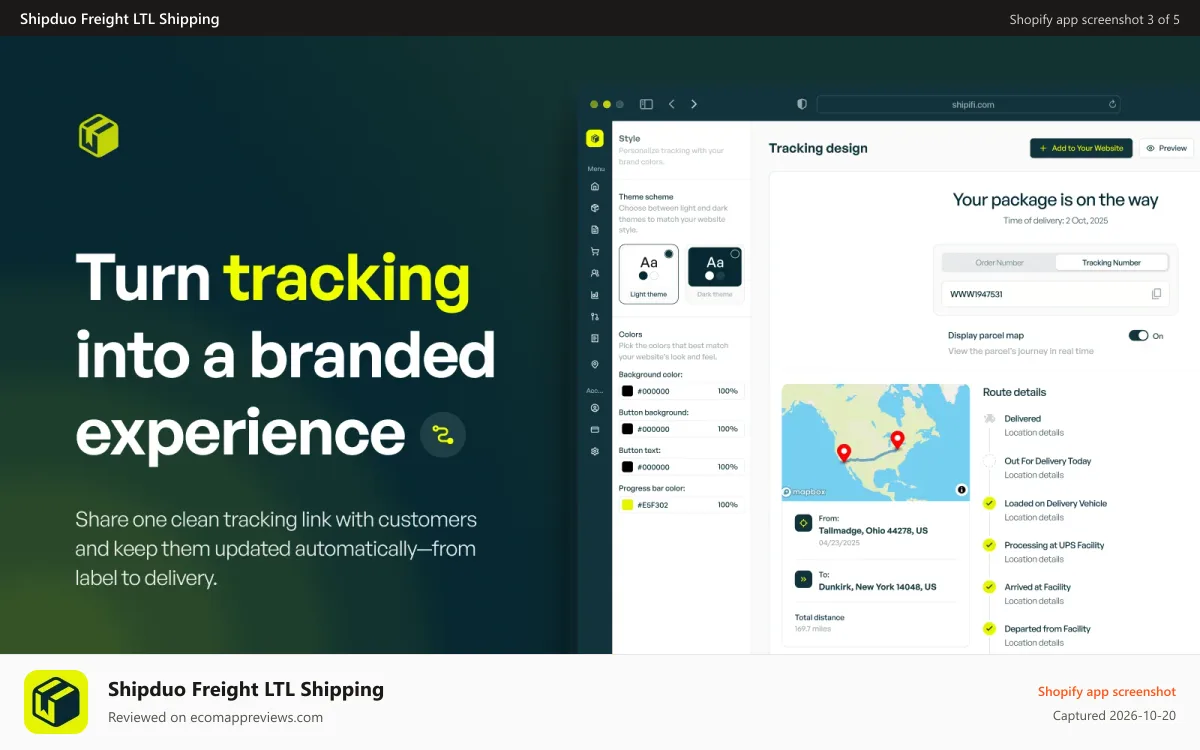 Shipduo Freight LTL Shipping Shopify app screenshot: Let your customers track the shipments wit custom tracking page