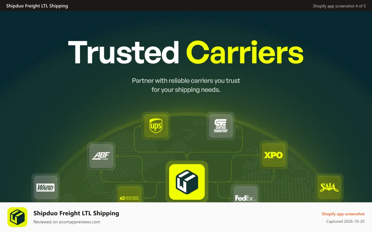 Shipduo Freight LTL Shipping Shopify app screenshot: Partner with reliable carriers you trust for your shipping needs