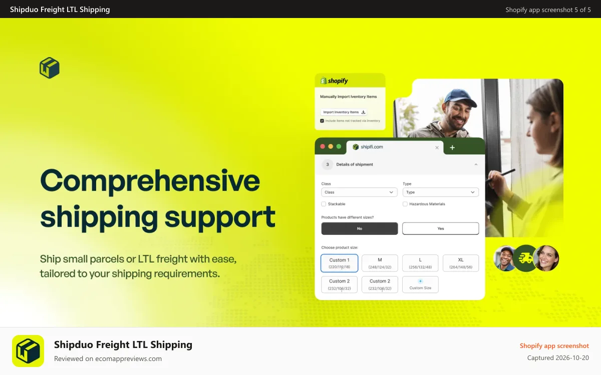 Shipduo Freight LTL Shipping Shopify app screenshot: Ship small parcels or LTL freight with Shipduo support.