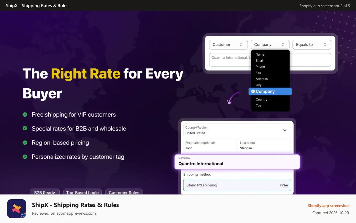 ShipX ‑ Shipping Rates & Rules Shopify app screenshot: Item & origin-based rates for drop shipping and distance.