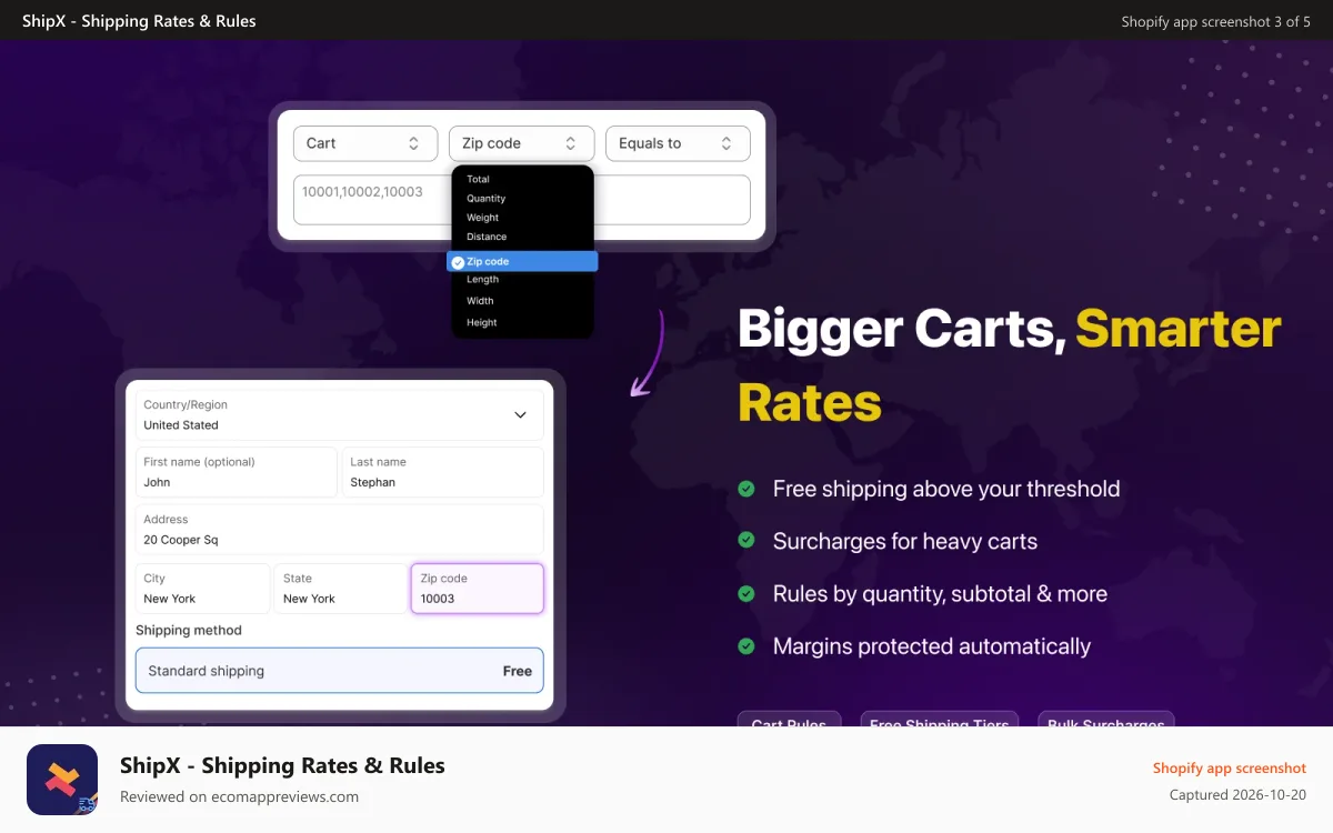 ShipX ‑ Shipping Rates & Rules Shopify app screenshot: Rate blending for custom shipping rates and rule sets.