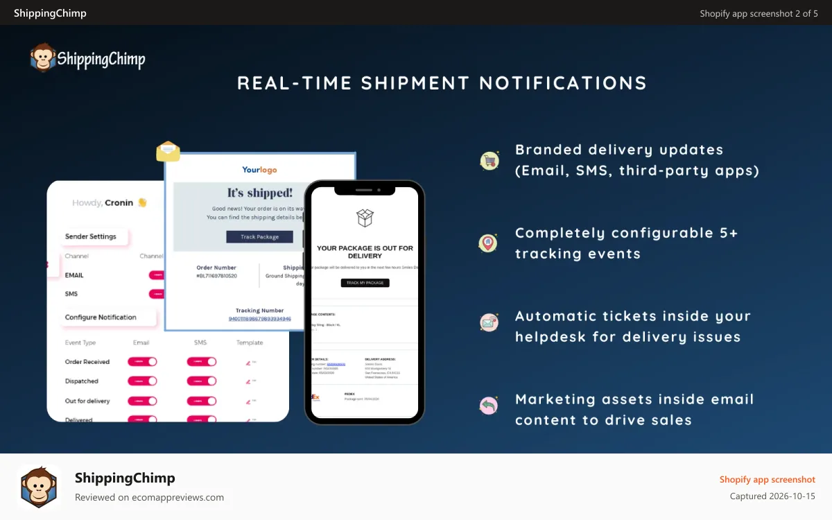 ShippingChimp Shopify app screenshot: Automated email notifications