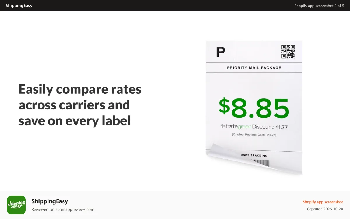 ShippingEasy Shopify app screenshot: Compare rates: Easily compare carriers and services