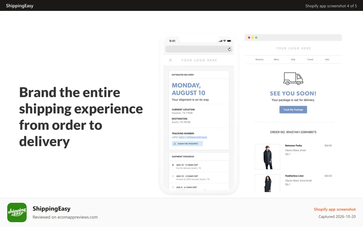 ShippingEasy Shopify app screenshot: Brand the entire shipping experience from order to delivery