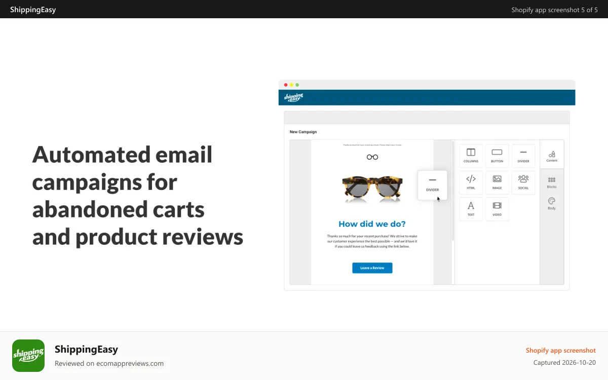 ShippingEasy Shopify app screenshot: Automated email campaigns abandoned carts and product reviews