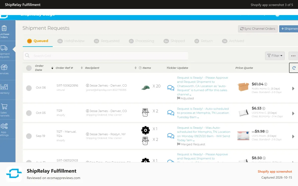 ShipRelay Fulfillment Shopify app screenshot: Collated Order Shipment Queue