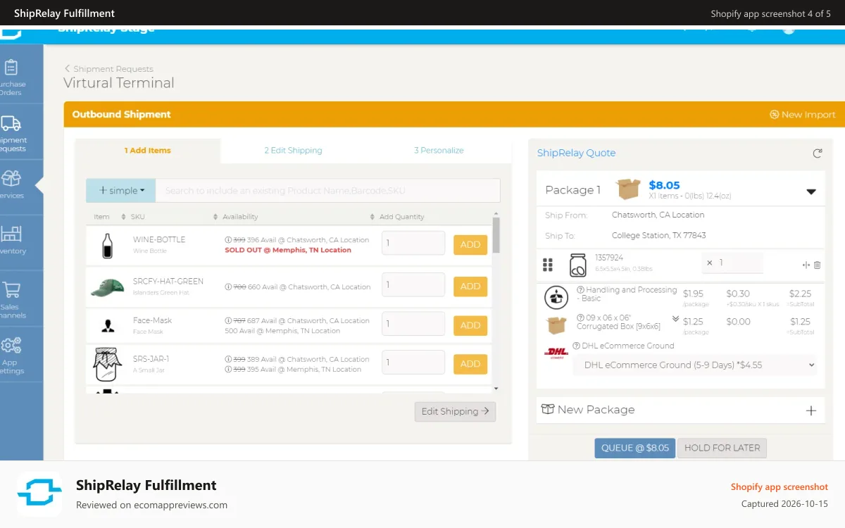 ShipRelay Fulfillment Shopify app screenshot: Shipment Estimation