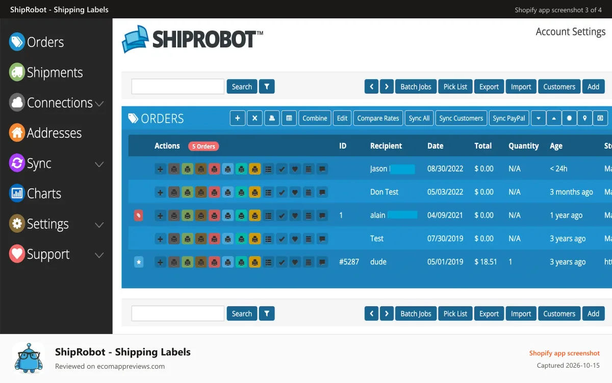 ShipRobot ‑ Shipping Labels Shopify app screenshot: Order Management
