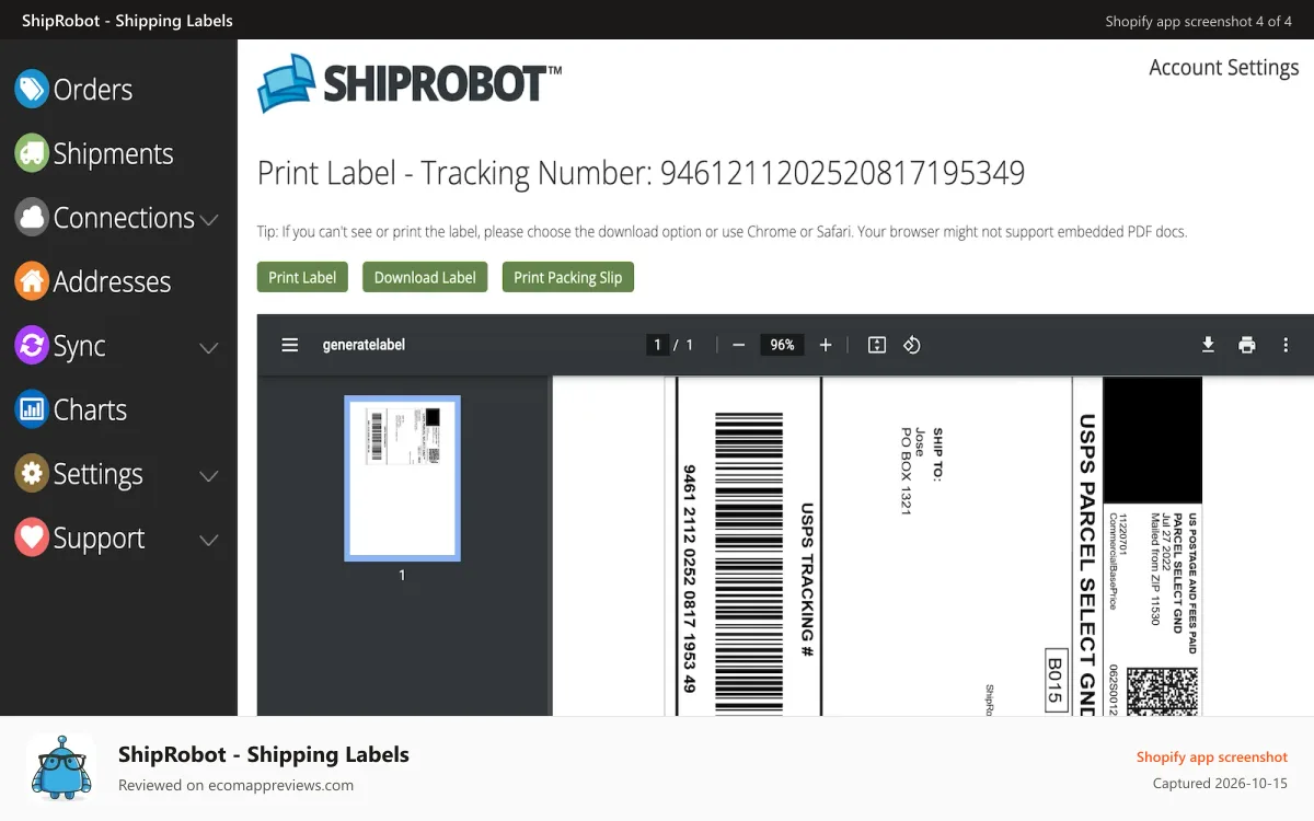 ShipRobot ‑ Shipping Labels Shopify app screenshot: Print Shipping Label