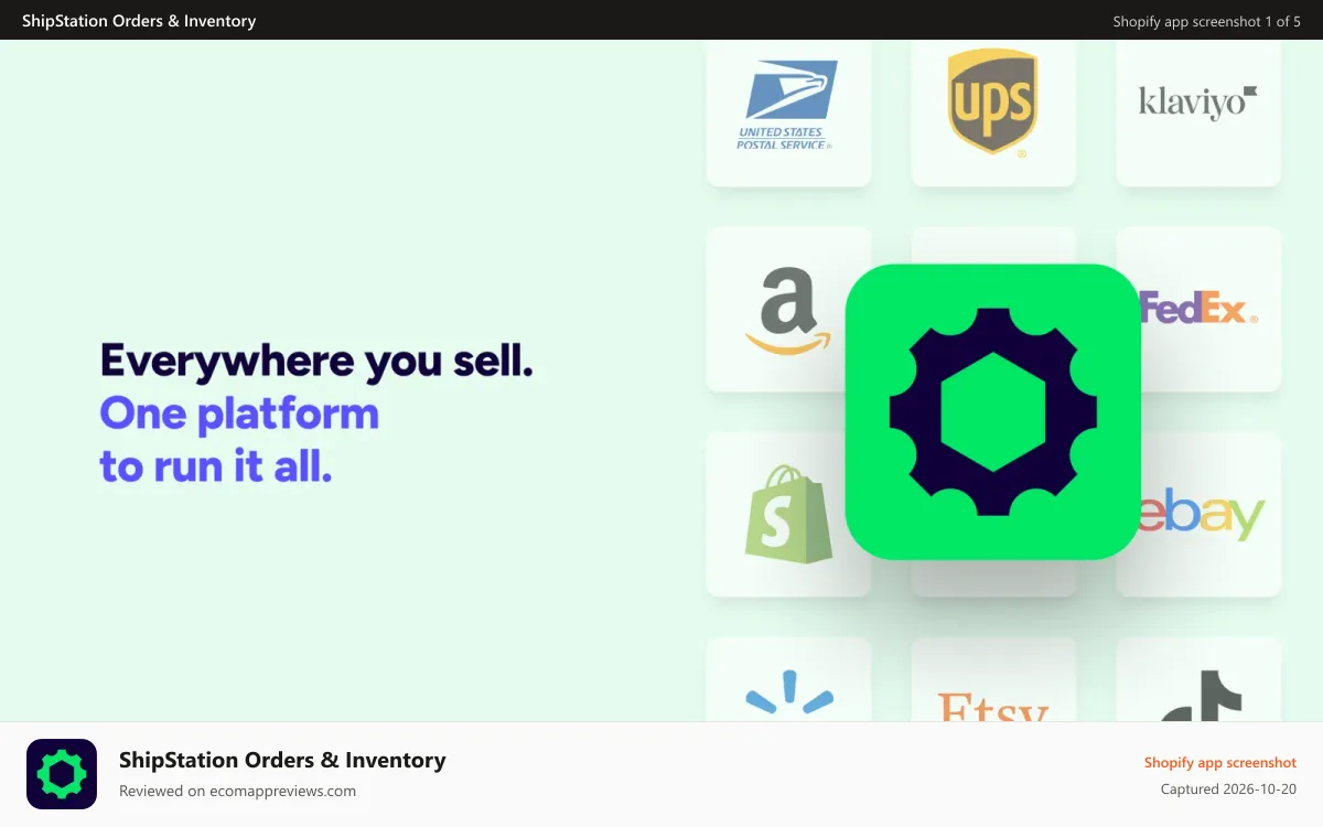 ShipStation Orders & Inventory Shopify app screenshot: Everywhere you sell. One platform to run it all.