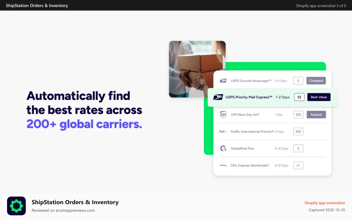 ShipStation Orders & Inventory Shopify app screenshot: Automatically find print labels from 200+ carriers.