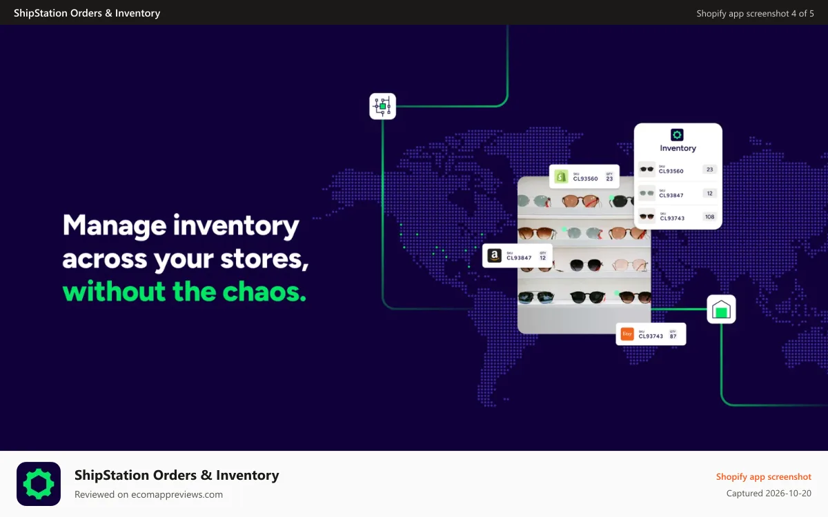 ShipStation Orders & Inventory Shopify app screenshot: Manage inventory across your stores—without the chaos.