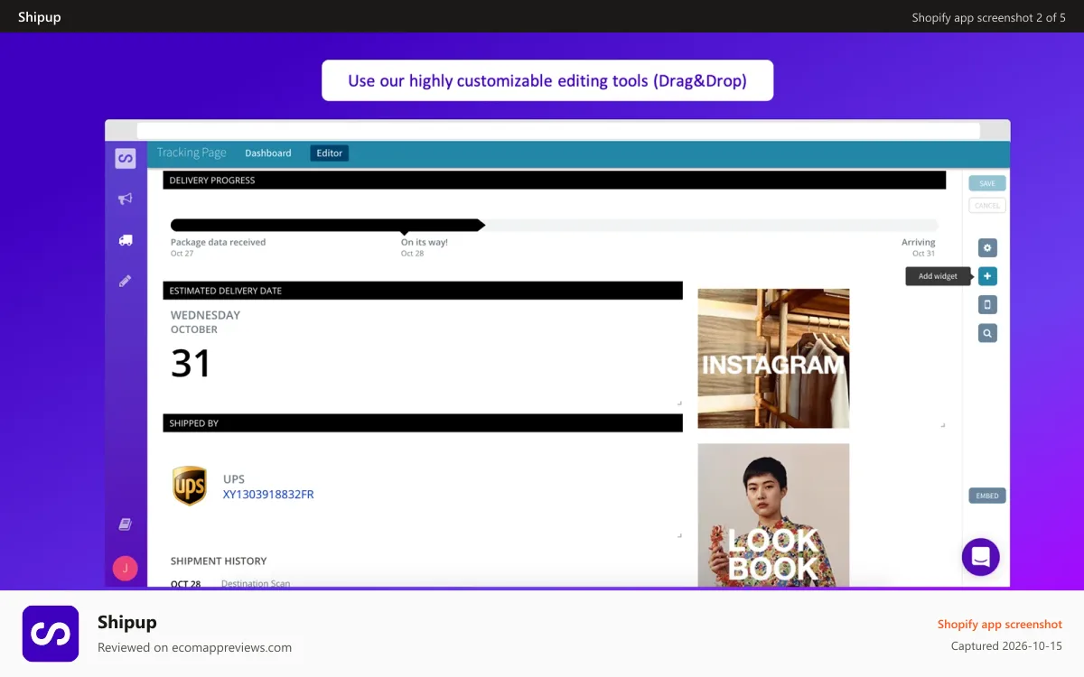 Shipup Shopify app screenshot: Use our highly customizable editing tools (Drag&Drop)