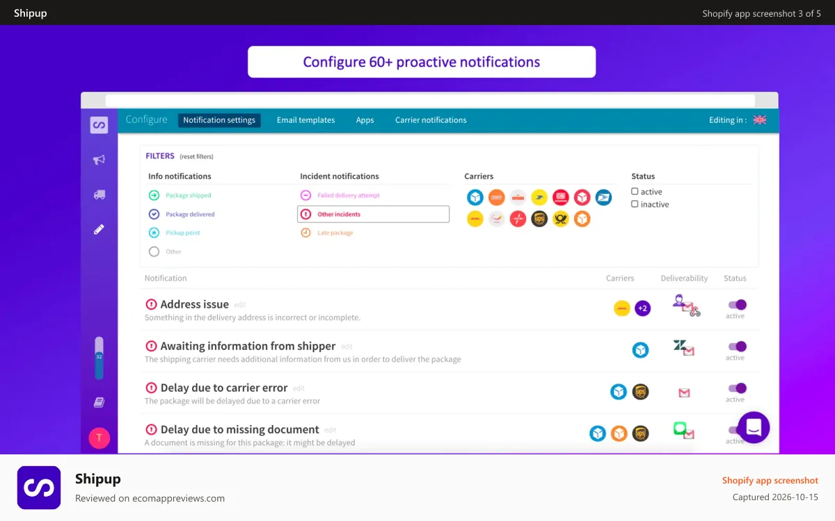 Shipup Shopify app screenshot: Configure 60+ proactive notifications