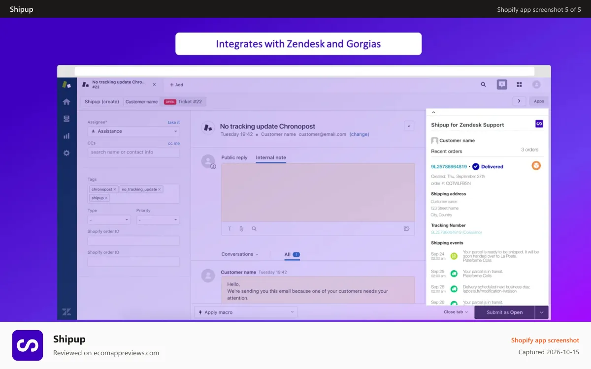 Shipup Shopify app screenshot: Integrates with Zendesk, Gorgias and all your favorite tools