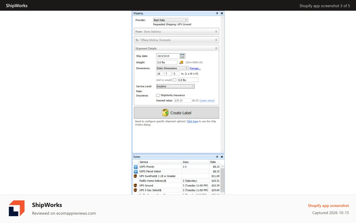 ShipWorks Shopify app screenshot: Shipping Panel with Rate Comparisons