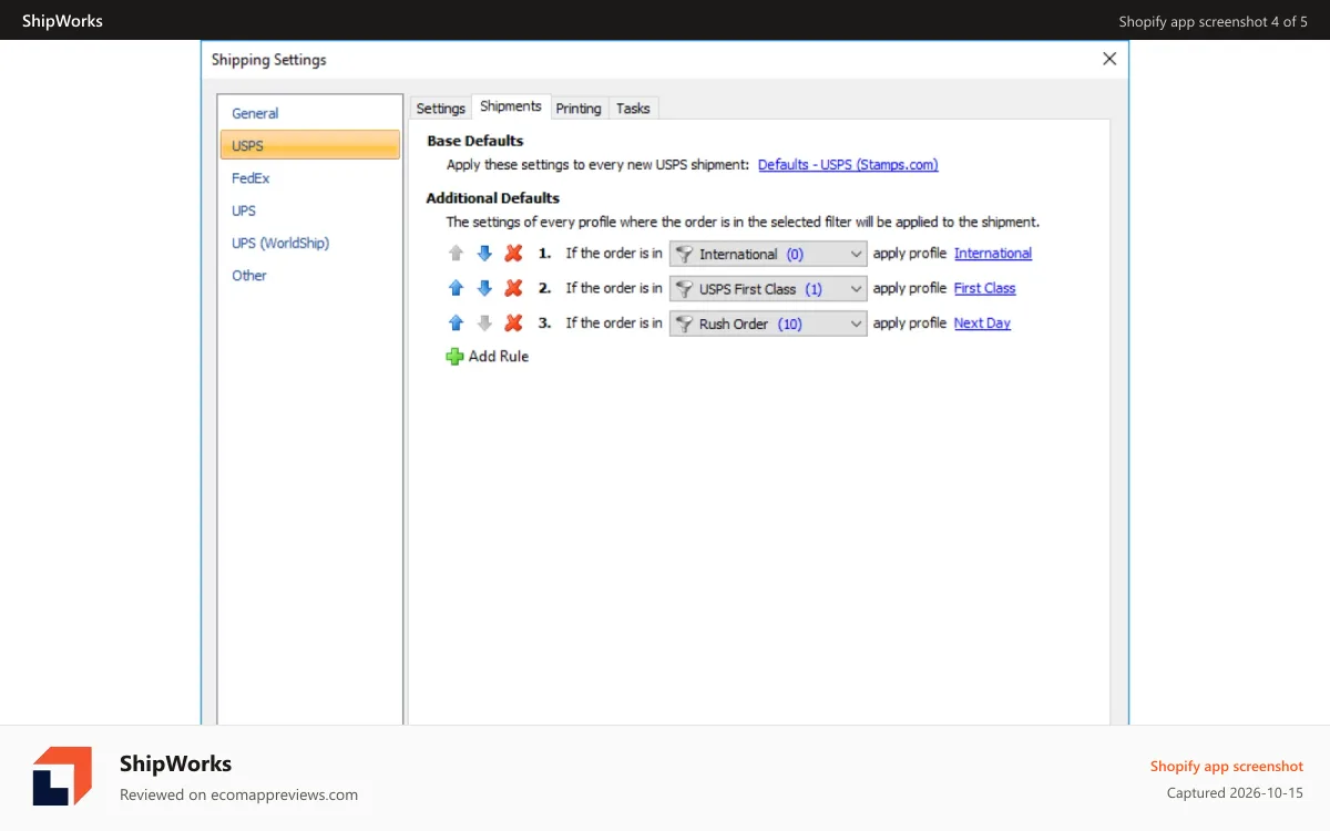 ShipWorks Shopify app screenshot: Automate Shipping Rules