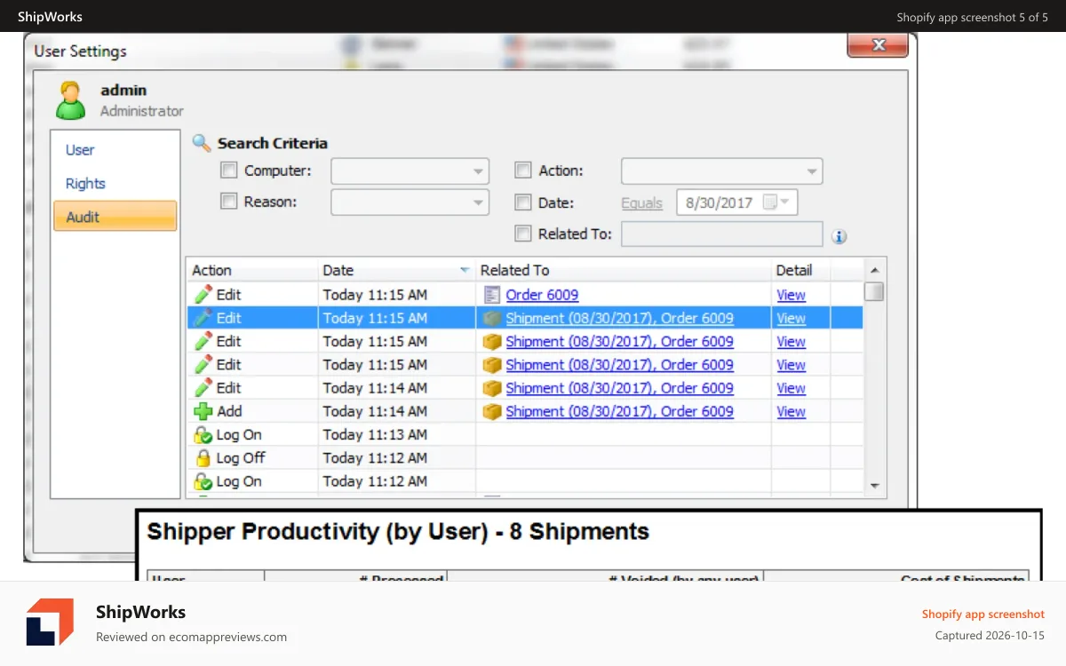 ShipWorks Shopify app screenshot: User Settings_Audit Screen