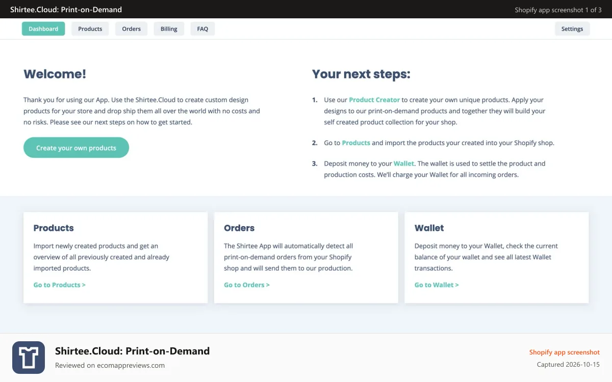 Shirtee.Cloud: Print‑on‑Demand Shopify app screenshot: Welcome Screen