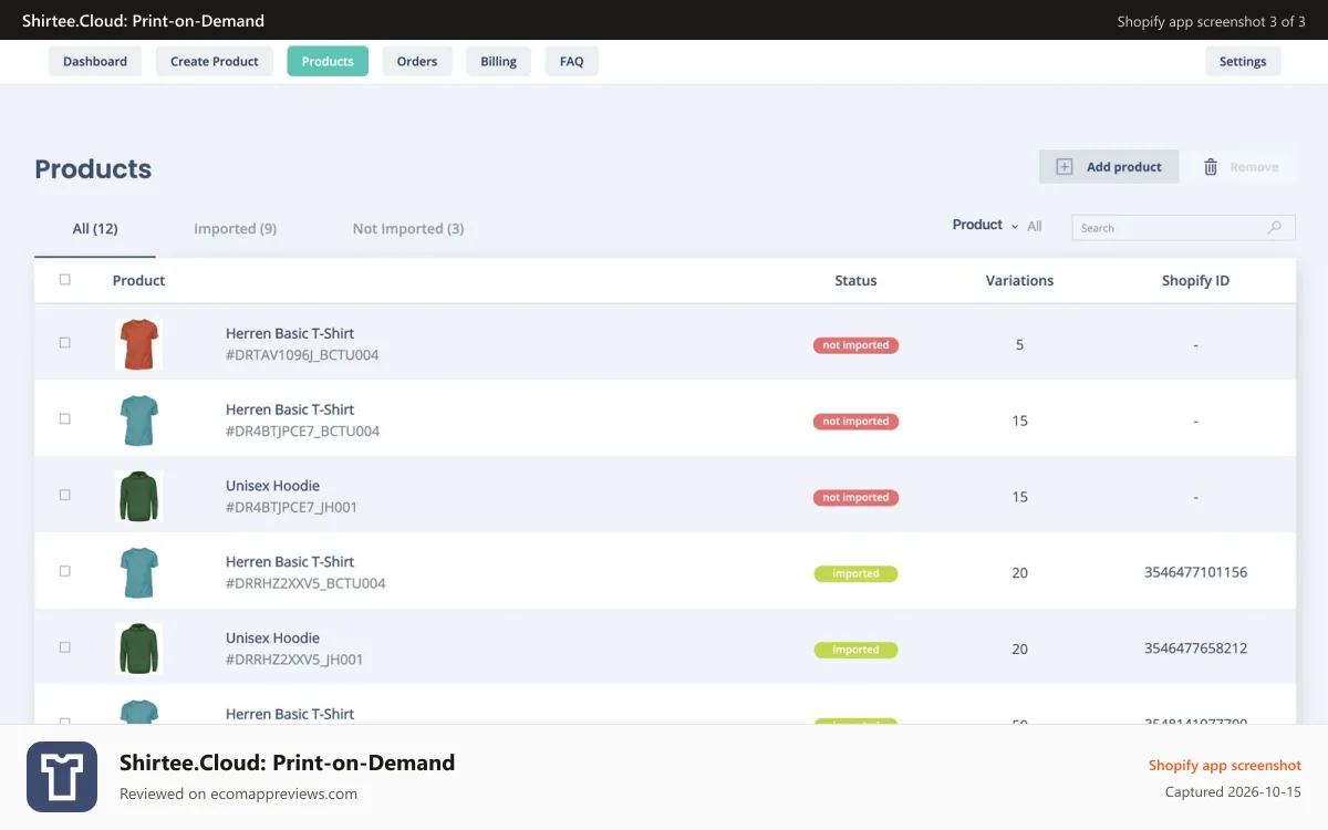Shirtee.Cloud: Print‑on‑Demand Shopify app screenshot: Productlist overview