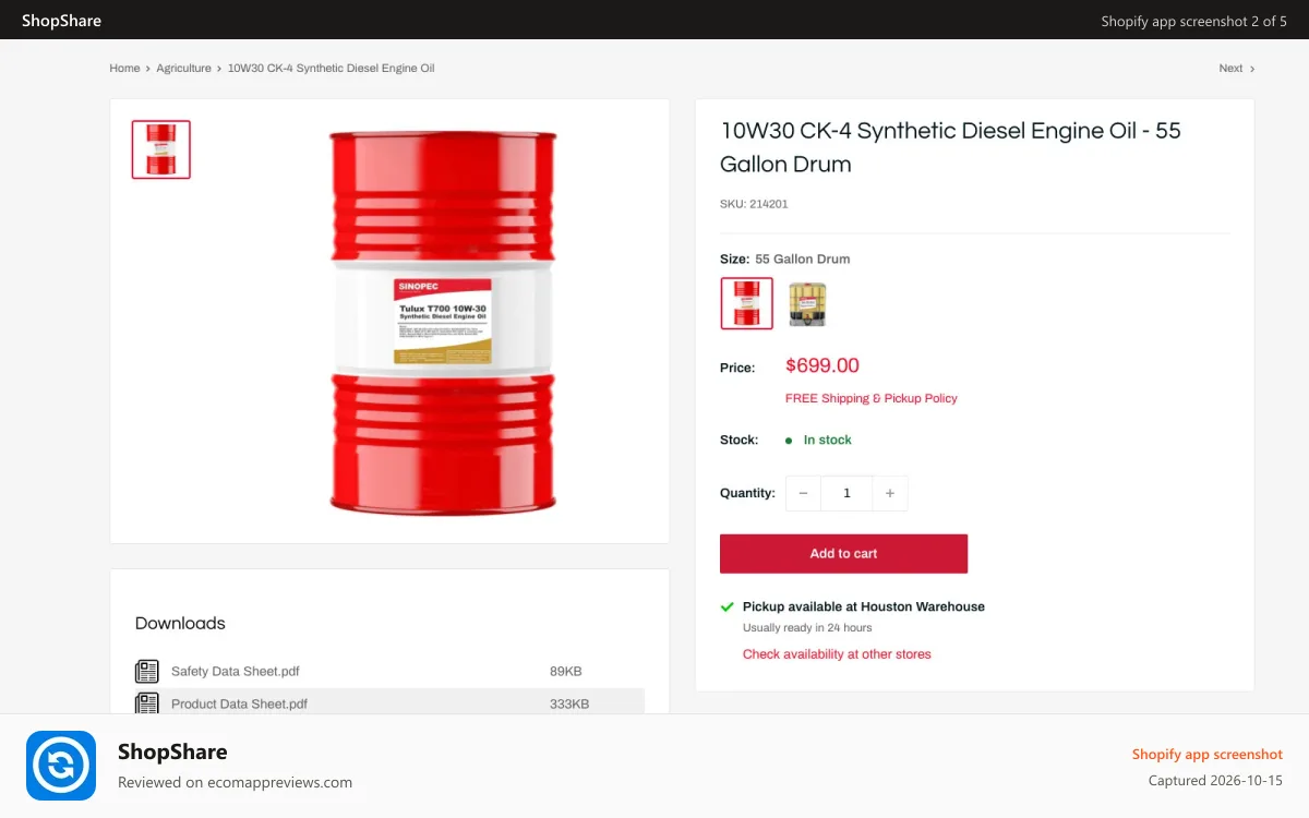ShopShare Shopify app screenshot: Product Page - Product Support