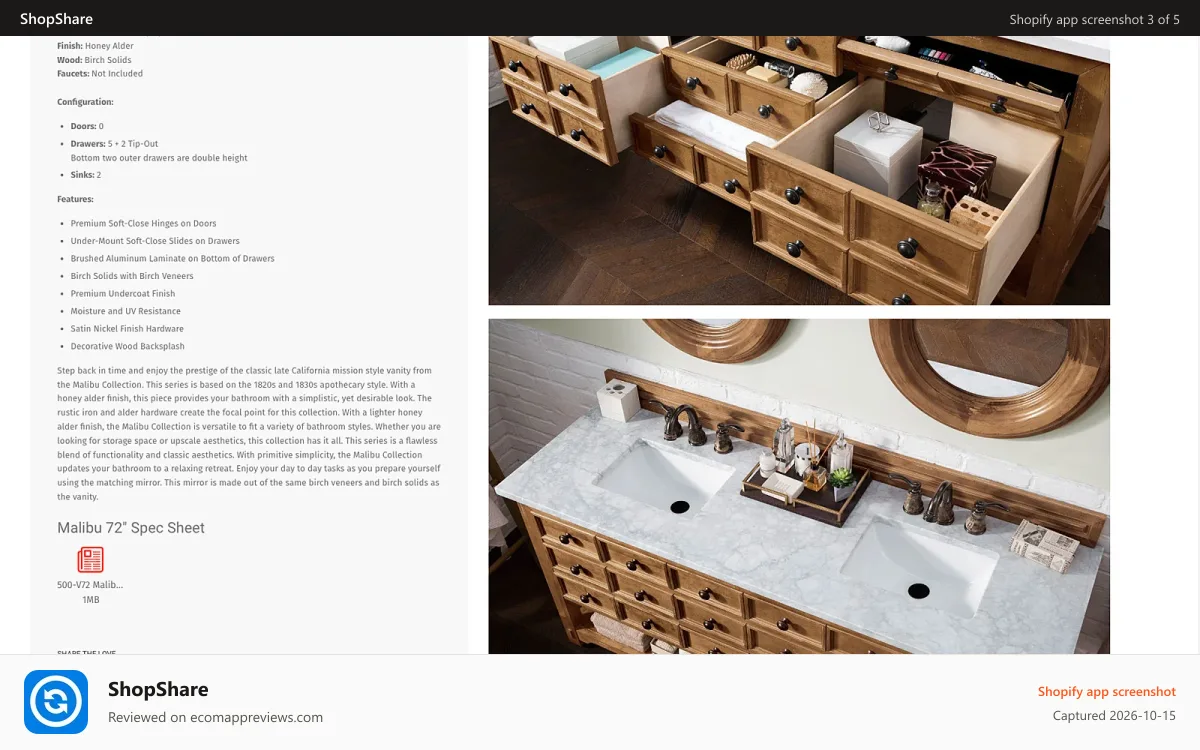 ShopShare Shopify app screenshot: Product Page - Spec Sheet