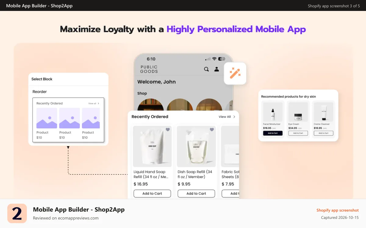Mobile App Builder ‑ Shop2App Shopify app screenshot: Retention, Reorder Blocks for Grocery, Apparel and Florist