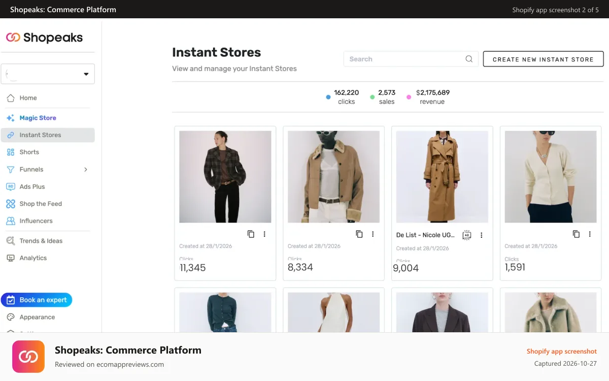 Shopeaks: Commerce Platform Shopify app screenshot: Instant Stores: Dynamic commerce experience.