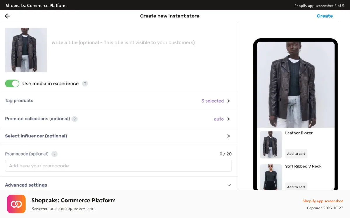 Shopeaks: Commerce Platform Shopify app screenshot: Instant Store creation