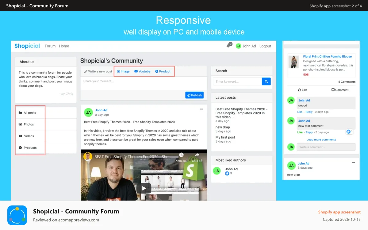 Shopicial ‑ Community Forum Shopify app screenshot: Responsive forum