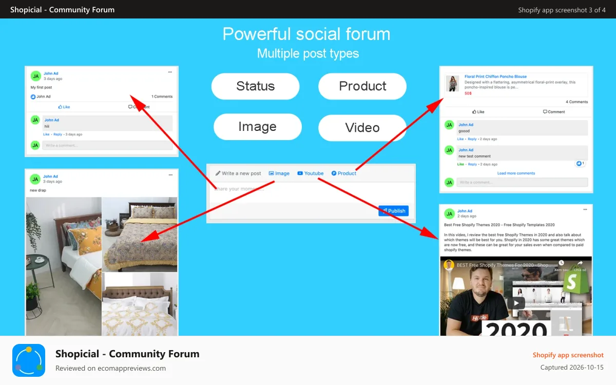Shopicial ‑ Community Forum Shopify app screenshot: Multiple post types